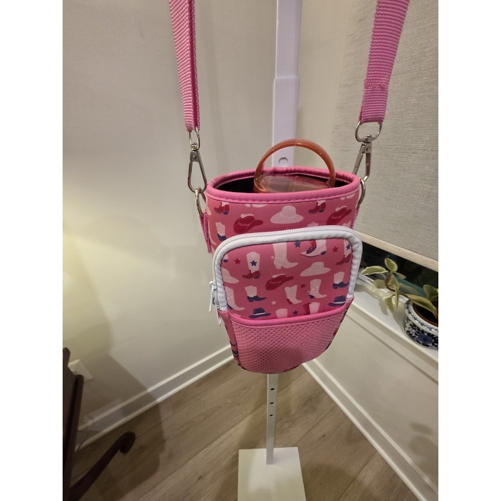 Pink Cowgirl Boots Hats Car Cup Bottle Sleeve with Pouch Strap W/Bottle Utensils